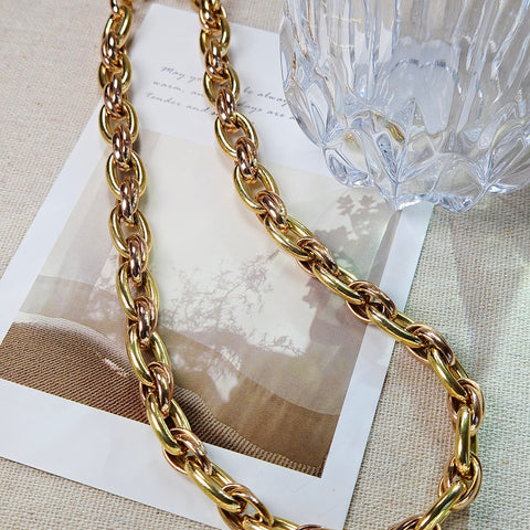 Vintage 18K Yellow Rose Two Tone Gold Chunky Oval Link Necklace Chain 17"