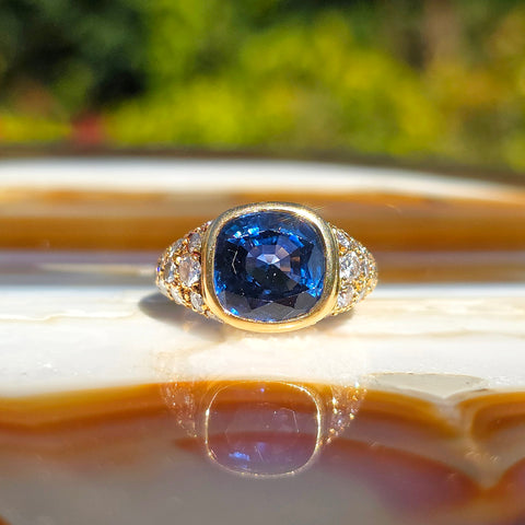 18k Solid Gold 5.8ct Royal Blue Sapphire & Diamond Vintage Ring Size 6.5 | Indulgems