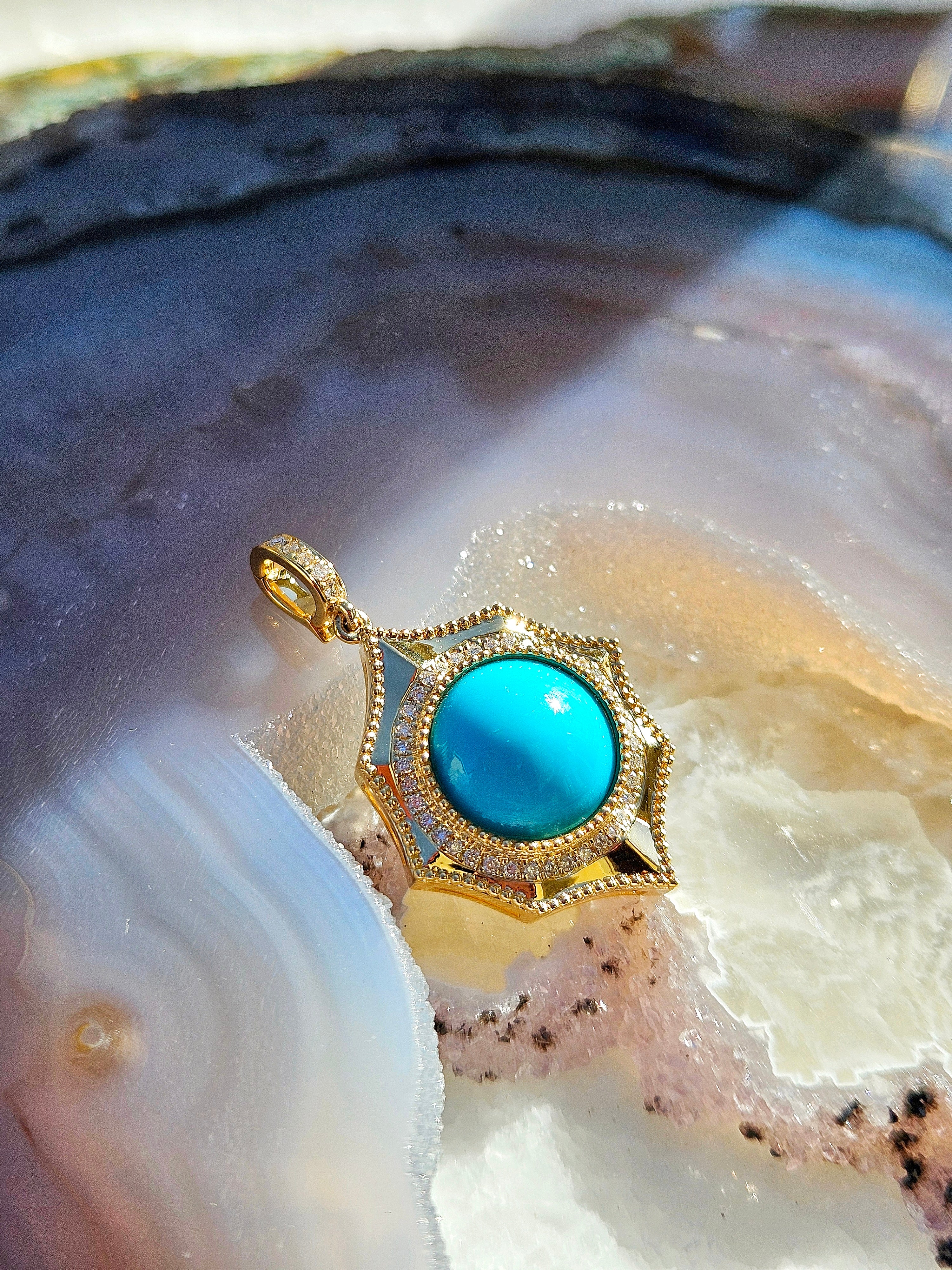18k Solid Gold Sleeping Beauty Turquoise Gemstone Cabochon Pendant | Indulgems | Designs in Real Gold