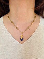 18k Solid Gold Sculpted Angel Cherub Lapis Heart Pendant | Indulgems