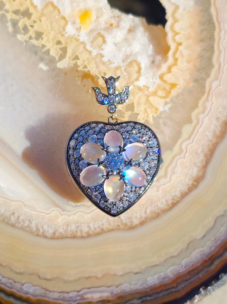 14k Yellow Gold & Sterling Silver Rainbow Moonstone Lab-grown Diamond Heart Locket Pendant | Indulgems
