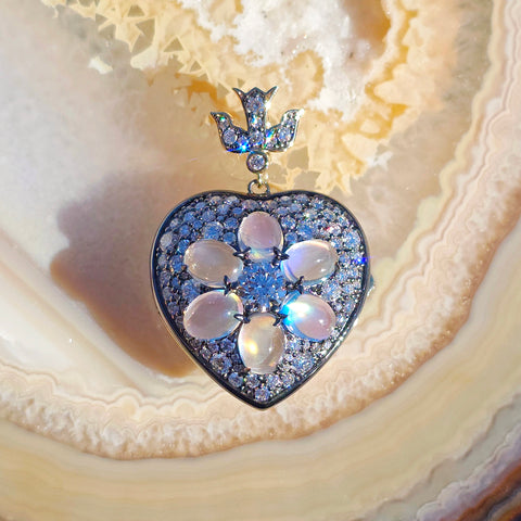 14k Yellow Gold & Sterling Silver Rainbow Moonstone Lab-grown Diamond Heart Locket Pendant | Indulgems