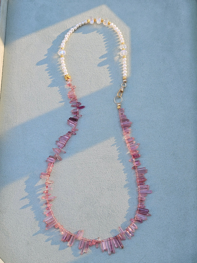 18K Yellow Gold Pink Tourmaline Gemstone Spikes, Freshwater Pearls, Rainbow Moonstone Halfsie Necklace 18.5"