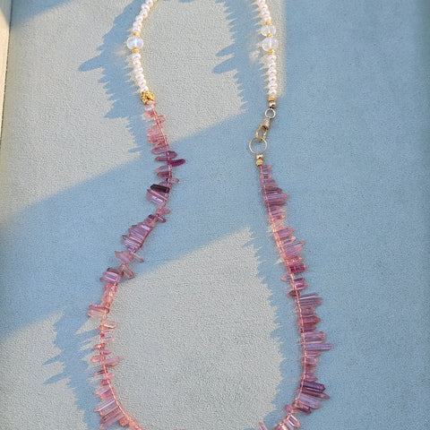 18K Yellow Gold Pink Tourmaline Gemstone Spikes, Freshwater Pearls, Rainbow Moonstone Halfsie Necklace 18.5"