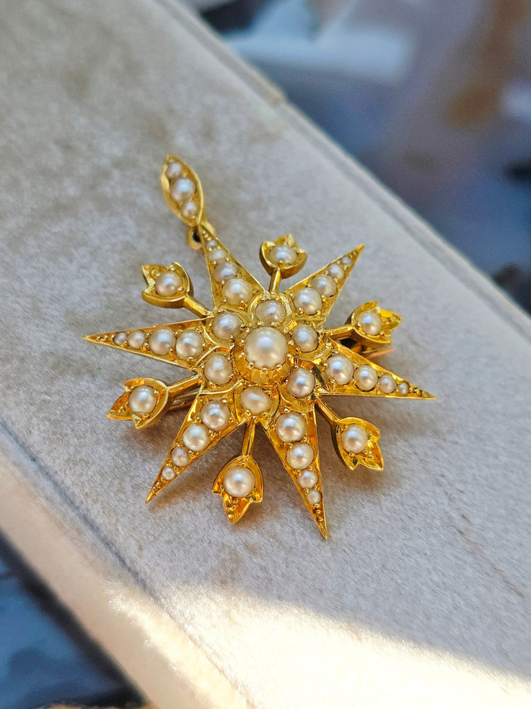 18k Solid Gold Pearl Studded 6 Point Star Pendant Brooch  | Indulgems