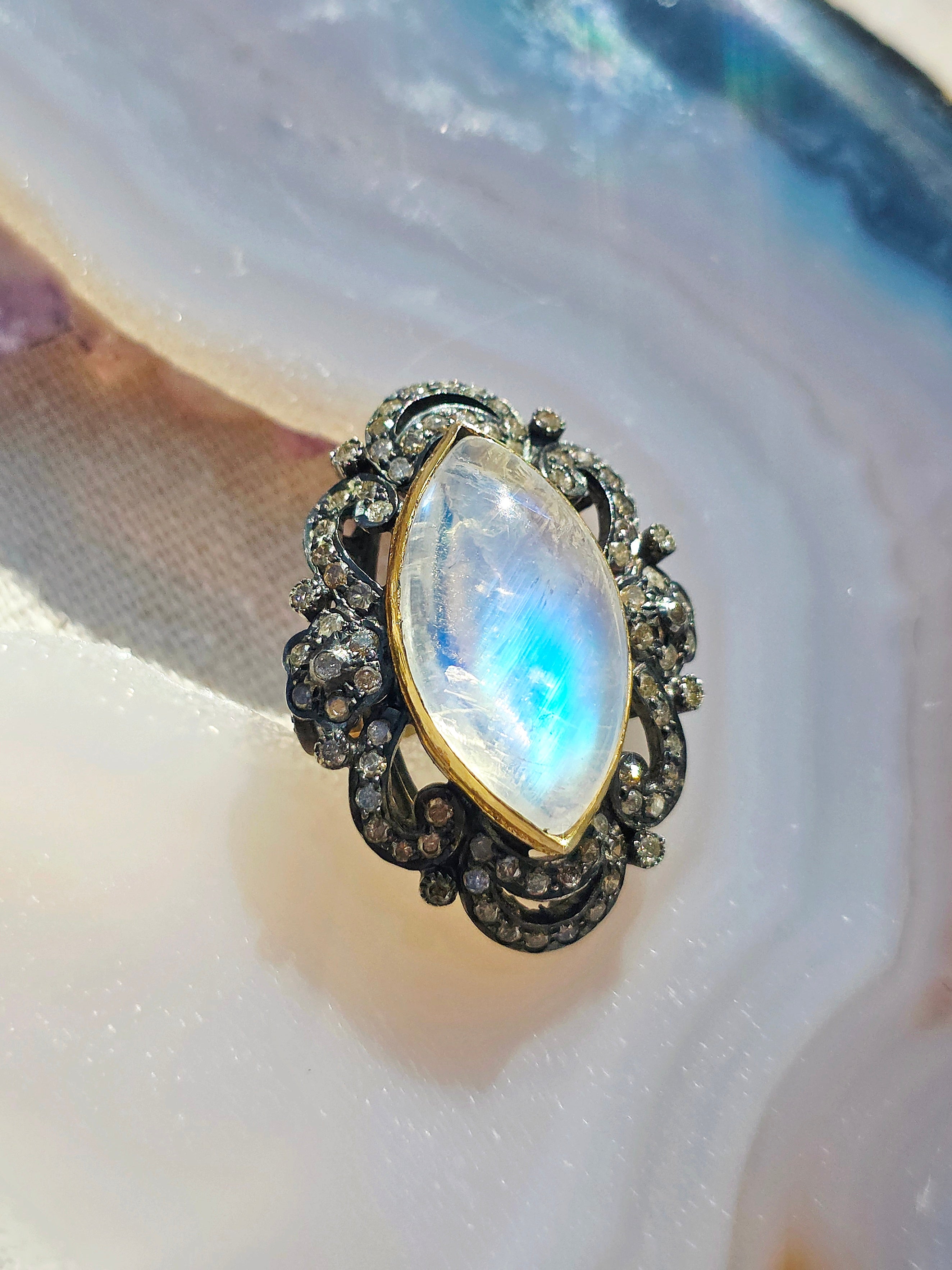 18k Gold & Sterling Silver Rainbow Moonstone Marquise Cabochon with Champaign Diamond Ring | Indulgems