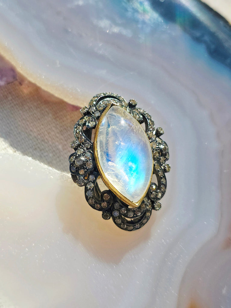 18k Gold & Sterling Silver Rainbow Moonstone Marquise Cabochon with Champaign Diamond Ring | Indulgems