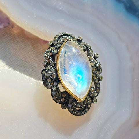 18k Gold & Sterling Silver Rainbow Moonstone Marquise Cabochon with Champaign Diamond Ring | Indulgems