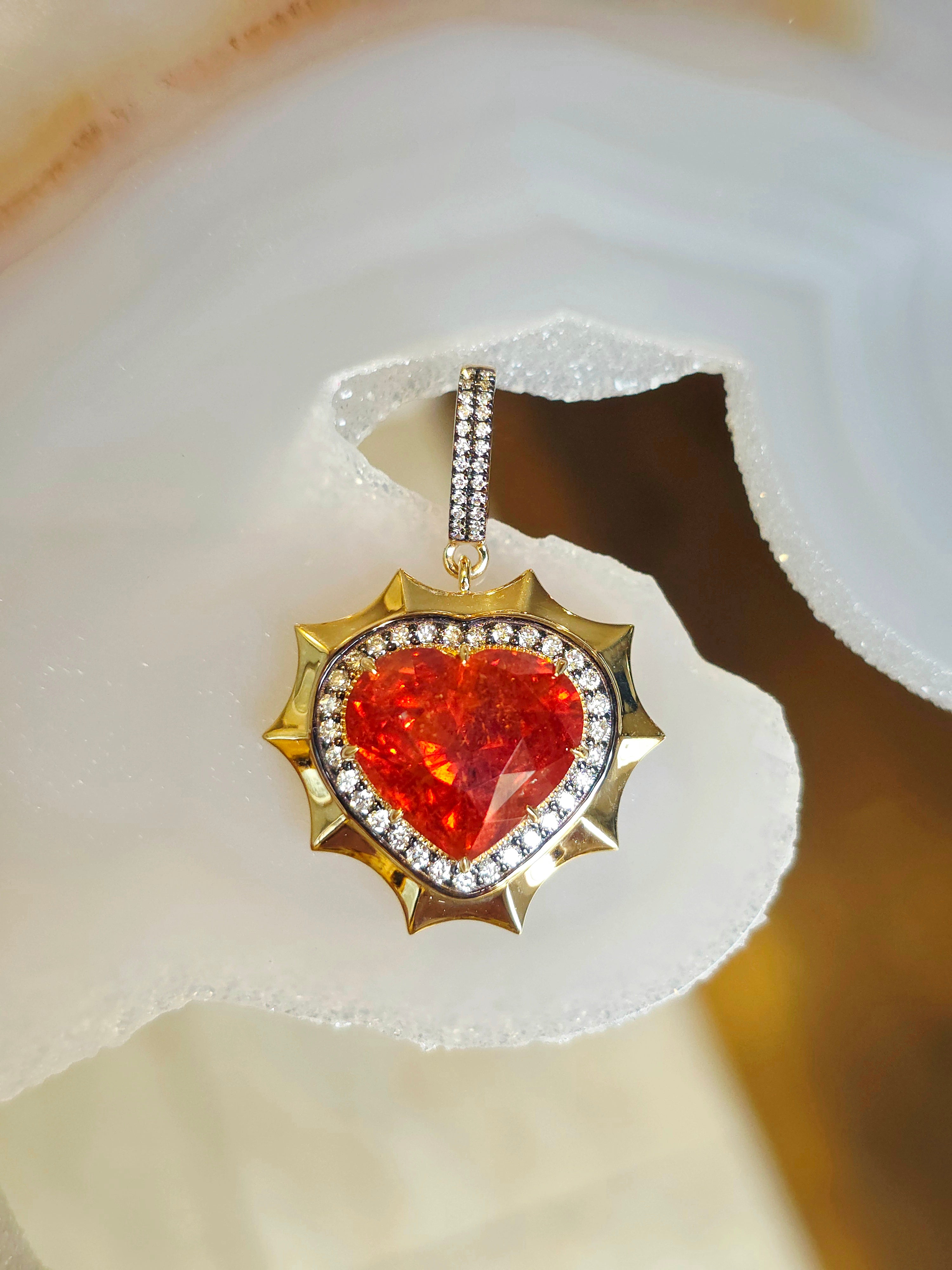 14k Yellow Gold 15ct Mandarin Garnet Heart Aurora Halo Pendant | Indulgems