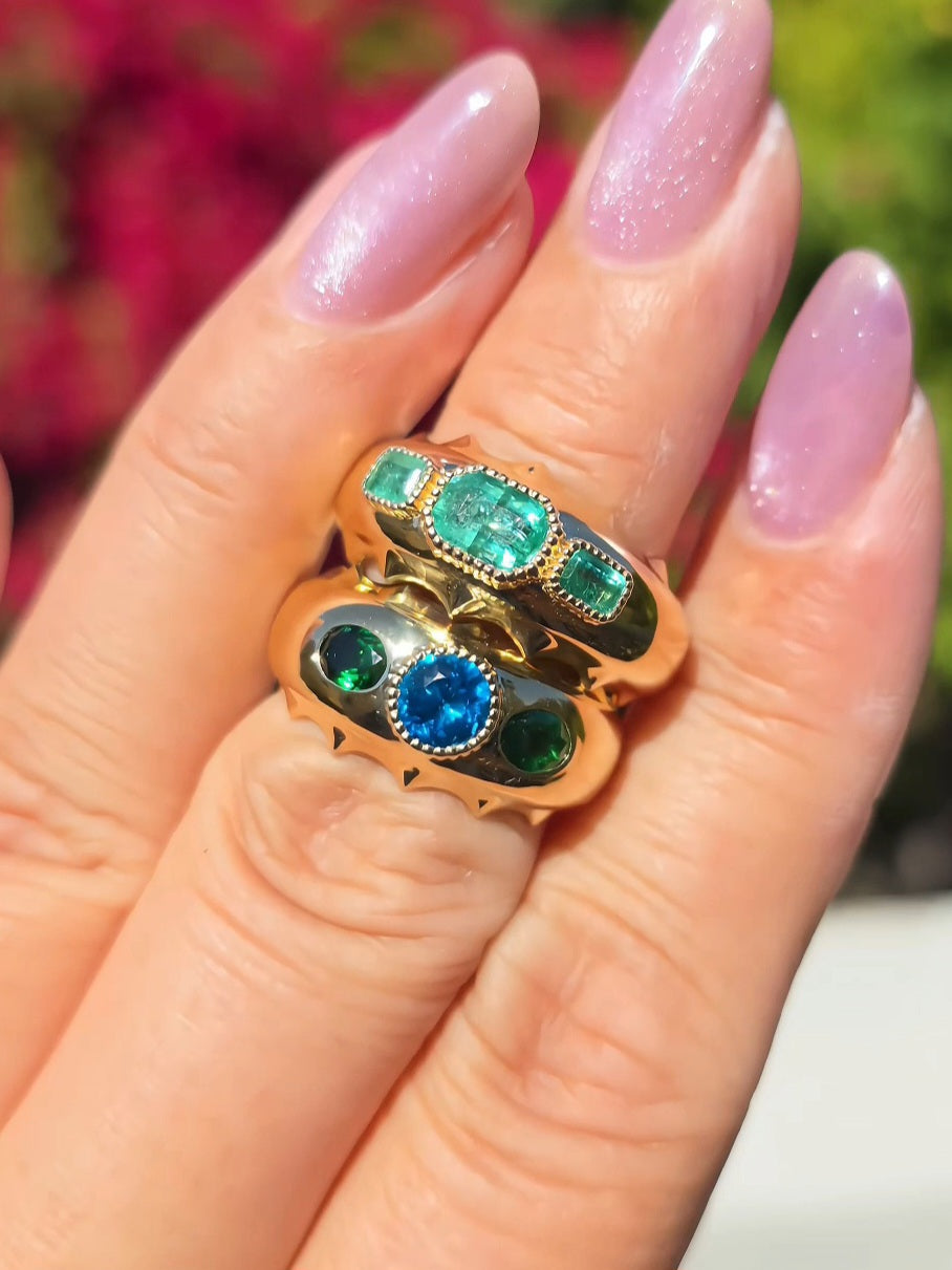 14k Yellow Gold Aurora Band Rings in Emerald & Neon Apatite | Indulgems