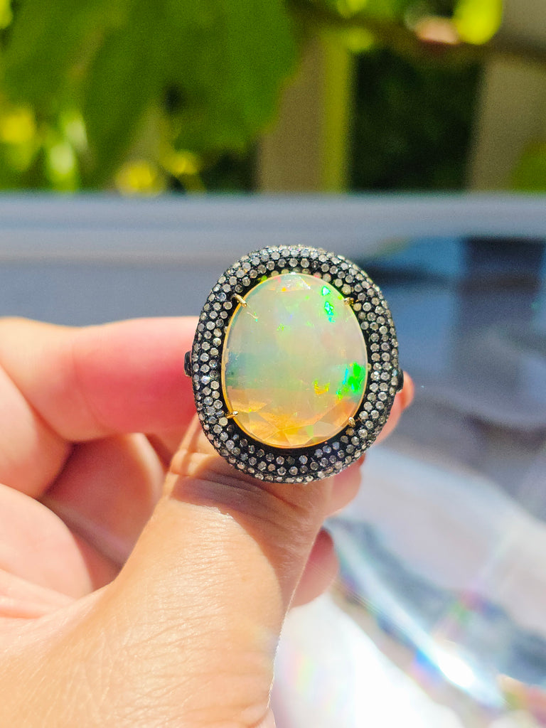 Black Rhodium Sterling Silver & 18k Gold Large Opal & Diamond Donut Halo Statement Ring sz 8 | Indulgems