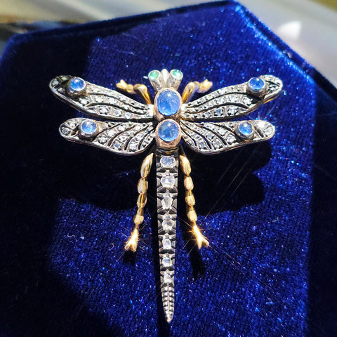 18k Solid Gold & Silver Art Nouveau Antique Dragonfly Brooch with Sapphire and Diamond | Indulgems