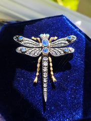 18k Solid Gold & Silver Art Nouveau Antique Dragonfly Brooch with Sapphire and Diamond | Indulgems