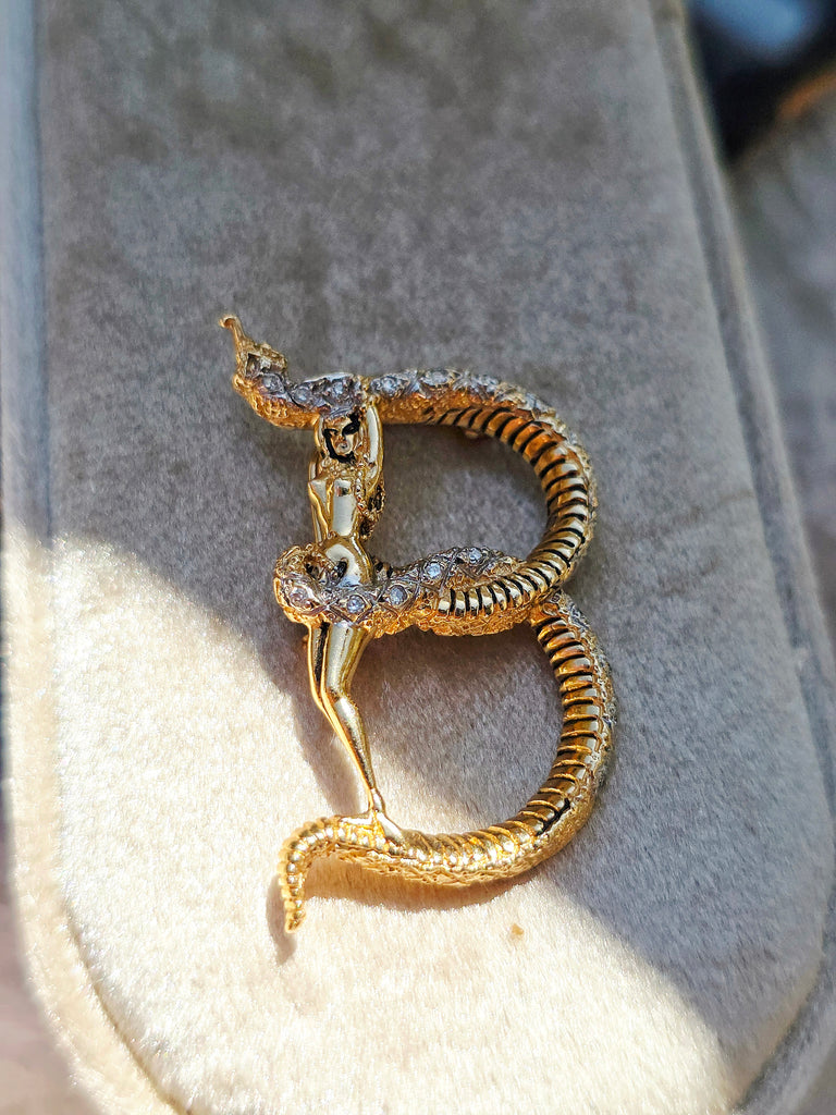 14k Gold Vintage Diamond Accent Lady with a Snake Serpent Initial B Brooch Pendant | Indulgems