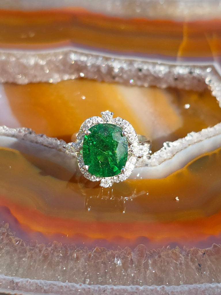 18k Solid White Gold 5.8ct Tsavorite Garnet Diamond Ring  Size 6 | Indulgems