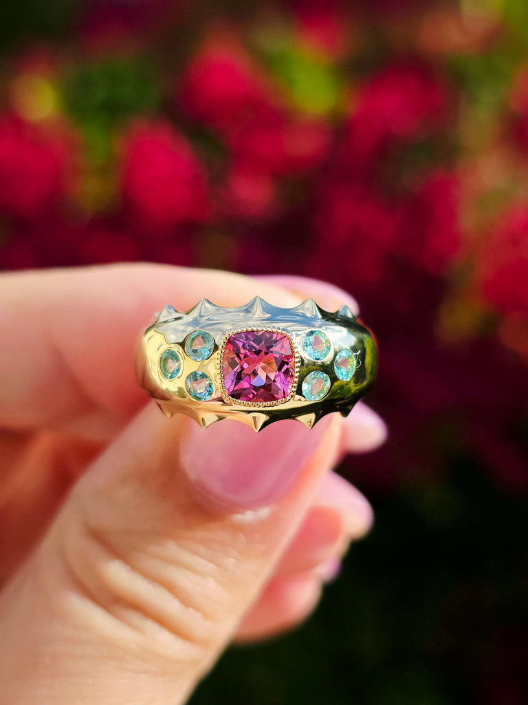 14k Yellow Gold Brazilian Paraiba & Pink Tourmaline Ring Size 7 | Indulgems | Aurora