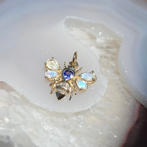 14K Yellow Gold Honey Bee Charm in Heart Shape Tanzanite, Rainbow Moonstone & Diamond Gemstone Pendant