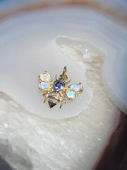 14K Yellow Gold Honey Bee Charm in Heart Shape Tanzanite, Rainbow Moonstone & Diamond Gemstone Pendant