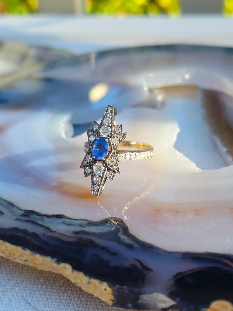 14k Yellow Gold & Platinum Cornflower Blue Sapphire Diamond Star Transformation Ring Pendant | Indulgems
