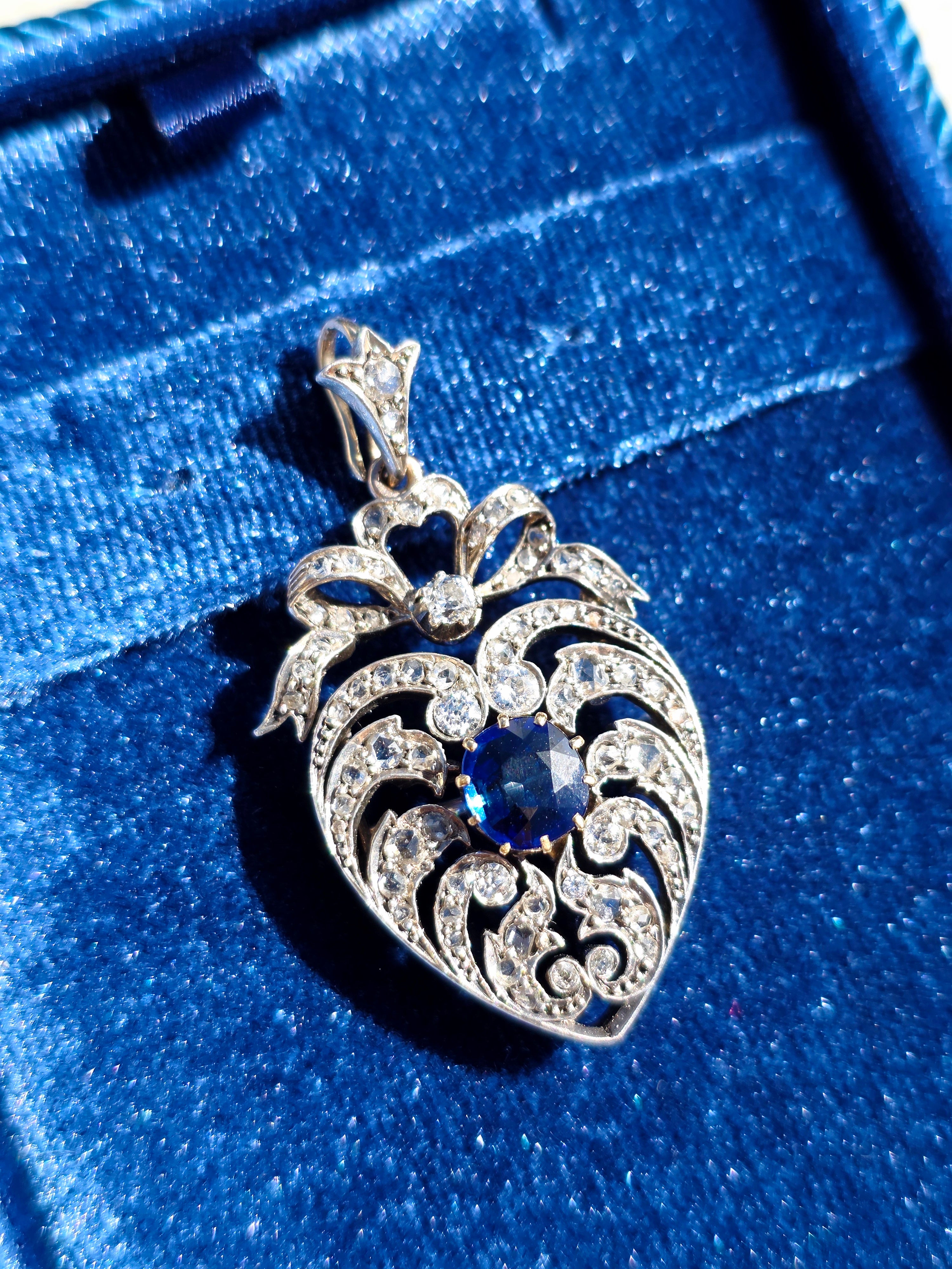 14k Yellow Gold & Silver Rose-cut Diamond Blue Sapphire Heart Brooch Pendant | Indulgems | Antique