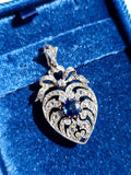 14k Yellow Gold & Silver Rose-cut Diamond Blue Sapphire Heart Brooch Pendant | Indulgems | Antique