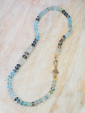 Moss Aquamarine Faceted Gemstone Bead Necklace with 18K Yellow Gold Antique Inspired Hand Fist Clasp 17"