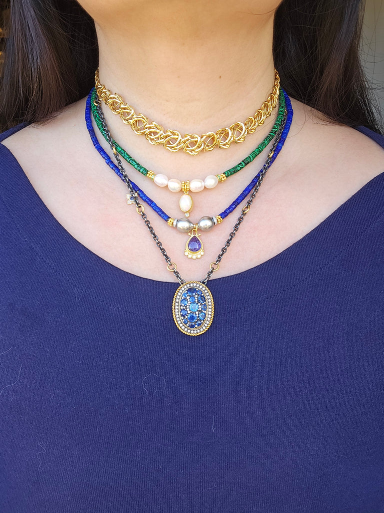 Malachite, Freshwater Pearls, Ethiopian Opal Handmade 18K 24K Fine Gemstone Necklace 18"