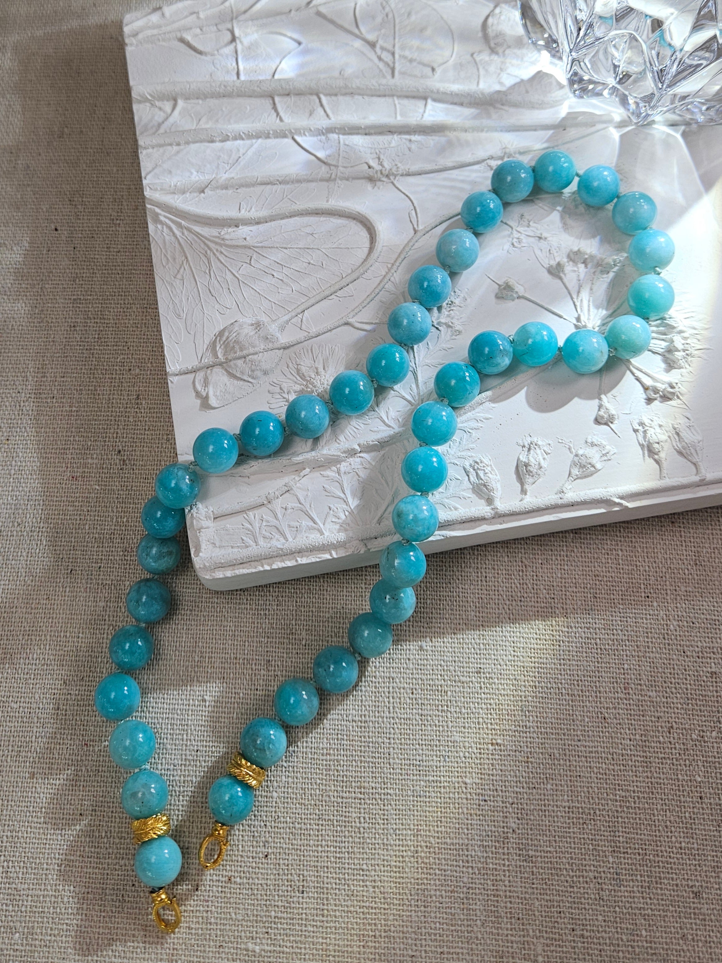 Robin Egg Blue Amazonite Genuine Gemstone 18K Yellow Gold Feather Bead Open Loop Necklace 18"