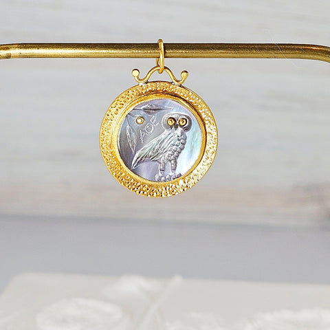 24K Gold Mother of Pearl Pendant with Silver - Owl of Athena