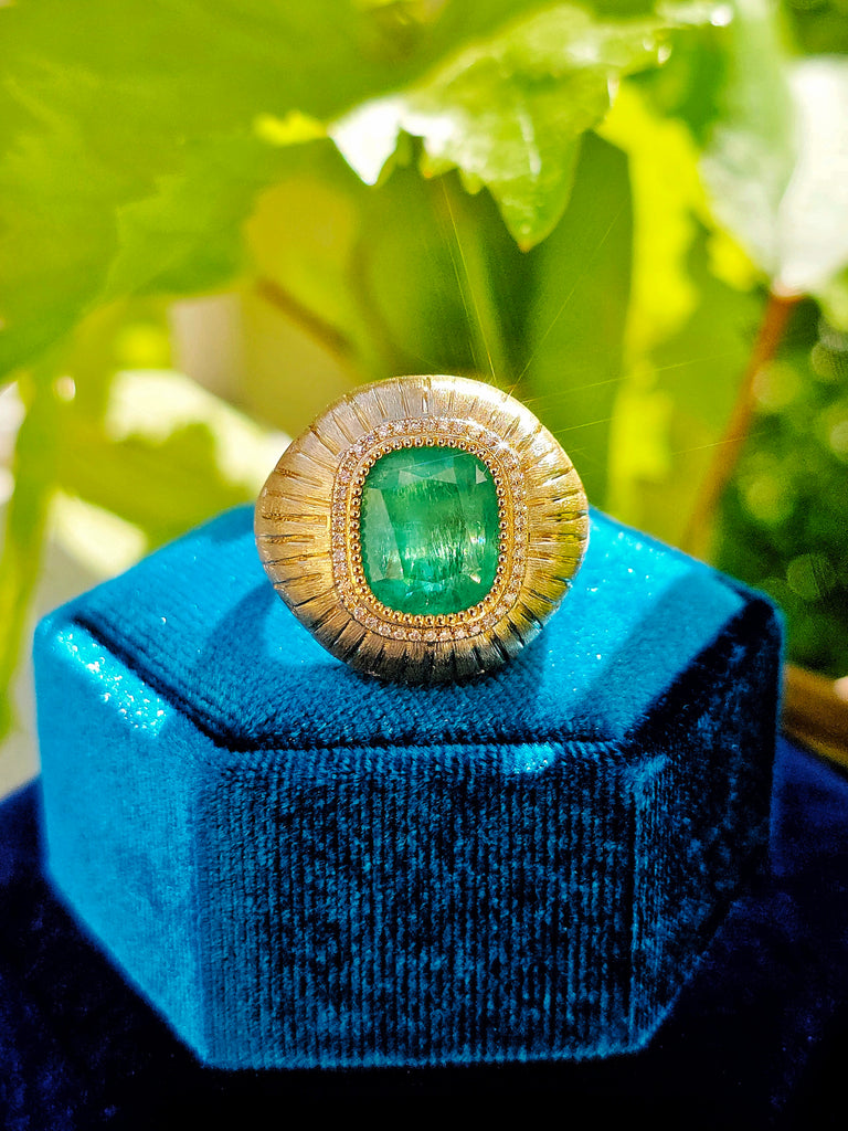 18k Solid Gold 6.8 Carat Zambian Emerald Cushion Statement Signet