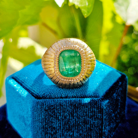 18k Solid Gold 6.8 Carat Zambian Emerald Cushion Statement Signet