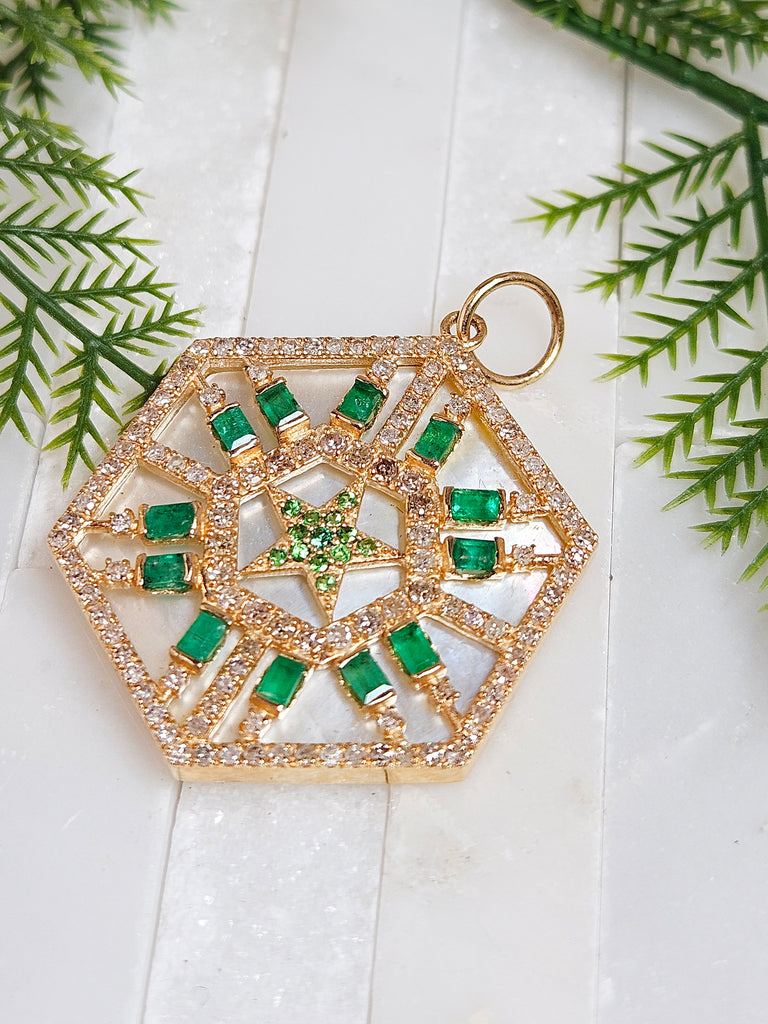 Emerald, Diamond, White Mother of Pearl Star Hexagon Gemstone Pendant 14K Yellow Gold