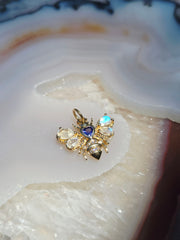 14K Yellow Gold Honey Bee Charm in Heart Shape Tanzanite, Rainbow Moonstone & Diamond Gemstone Pendant