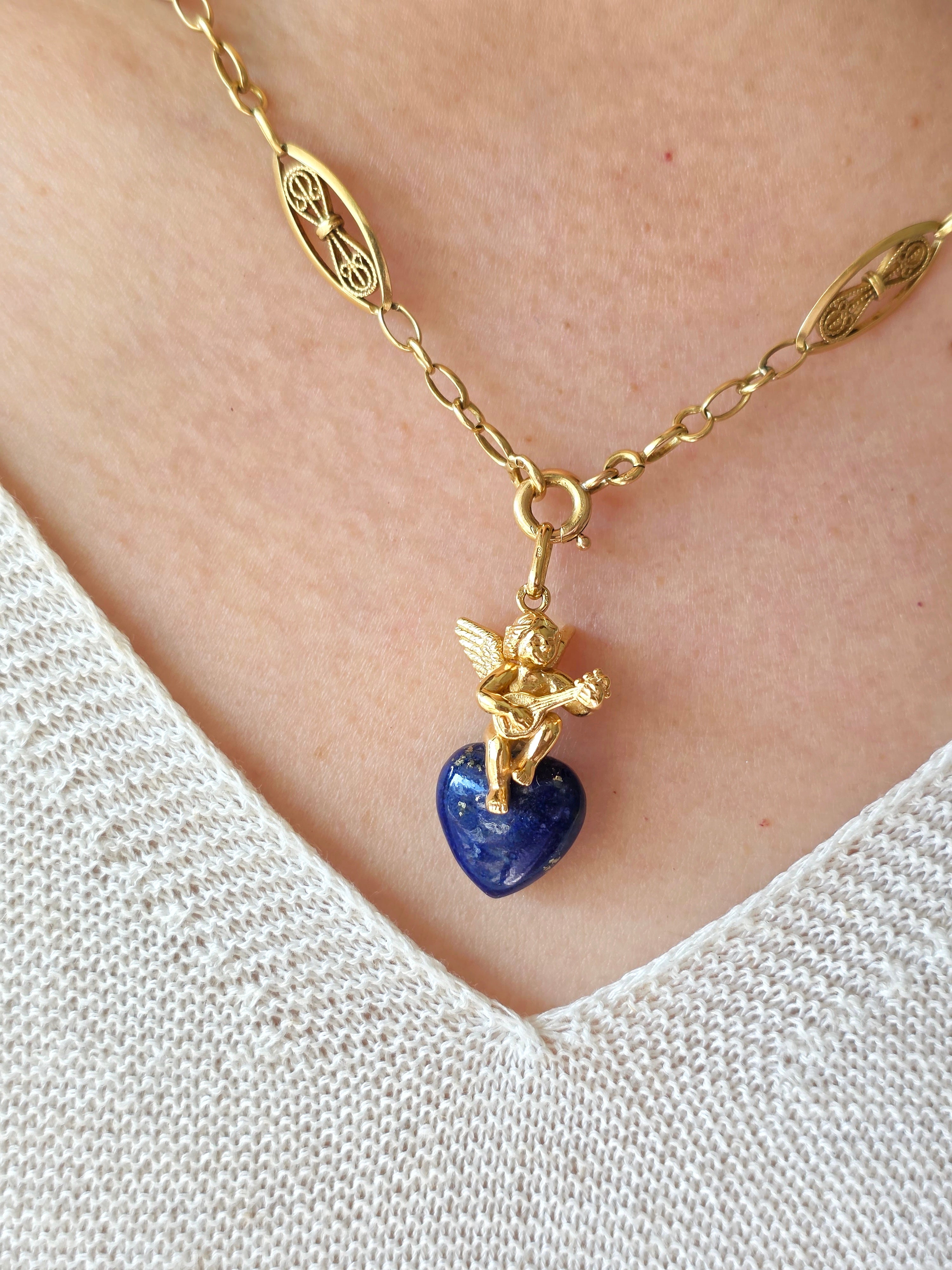 18k Solid Gold Sculpted Angel Cherub Lapis Heart Pendant | Indulgems