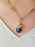 18k Solid Gold Sculpted Angel Cherub Lapis Heart Pendant | Indulgems