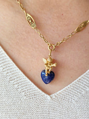 18k Solid Gold Sculpted Angel Cherub Lapis Heart Pendant | Indulgems