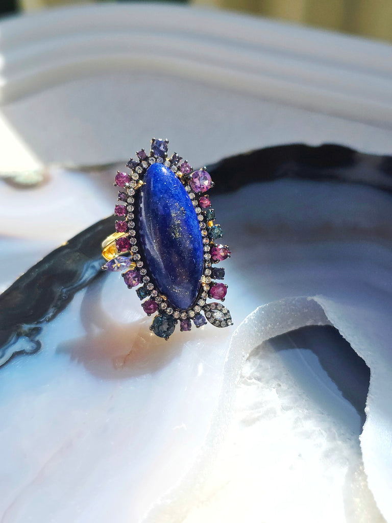Vermeil in Sterling Silver & 18k Gold Lapis Lazuli, Blue Topaz, Tanzanite, Rhodolite Garnet & Diamond Statement Cocktail Ring size 8