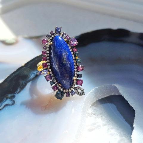Vermeil in Sterling Silver & 18k Gold Lapis Lazuli, Blue Topaz, Tanzanite, Rhodolite Garnet & Diamond Statement Cocktail Ring size 8