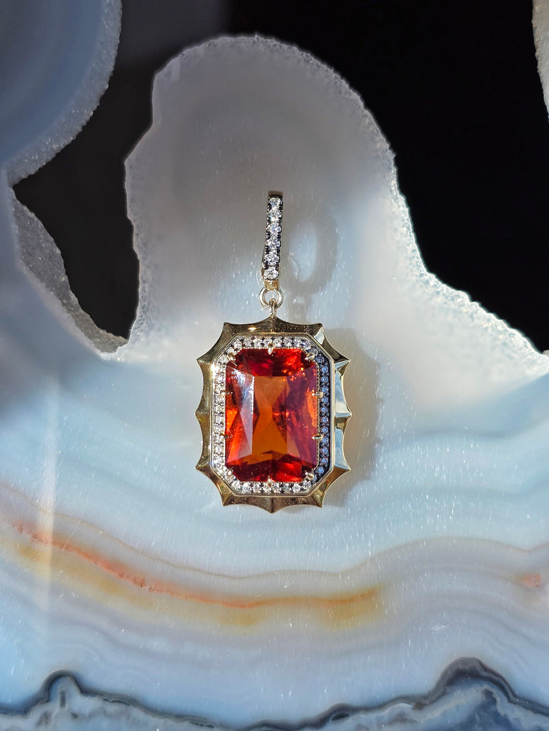 14k Yellow Gold 11ct Hessonite Garnet Pendant | Indulgems | Aurora Halo