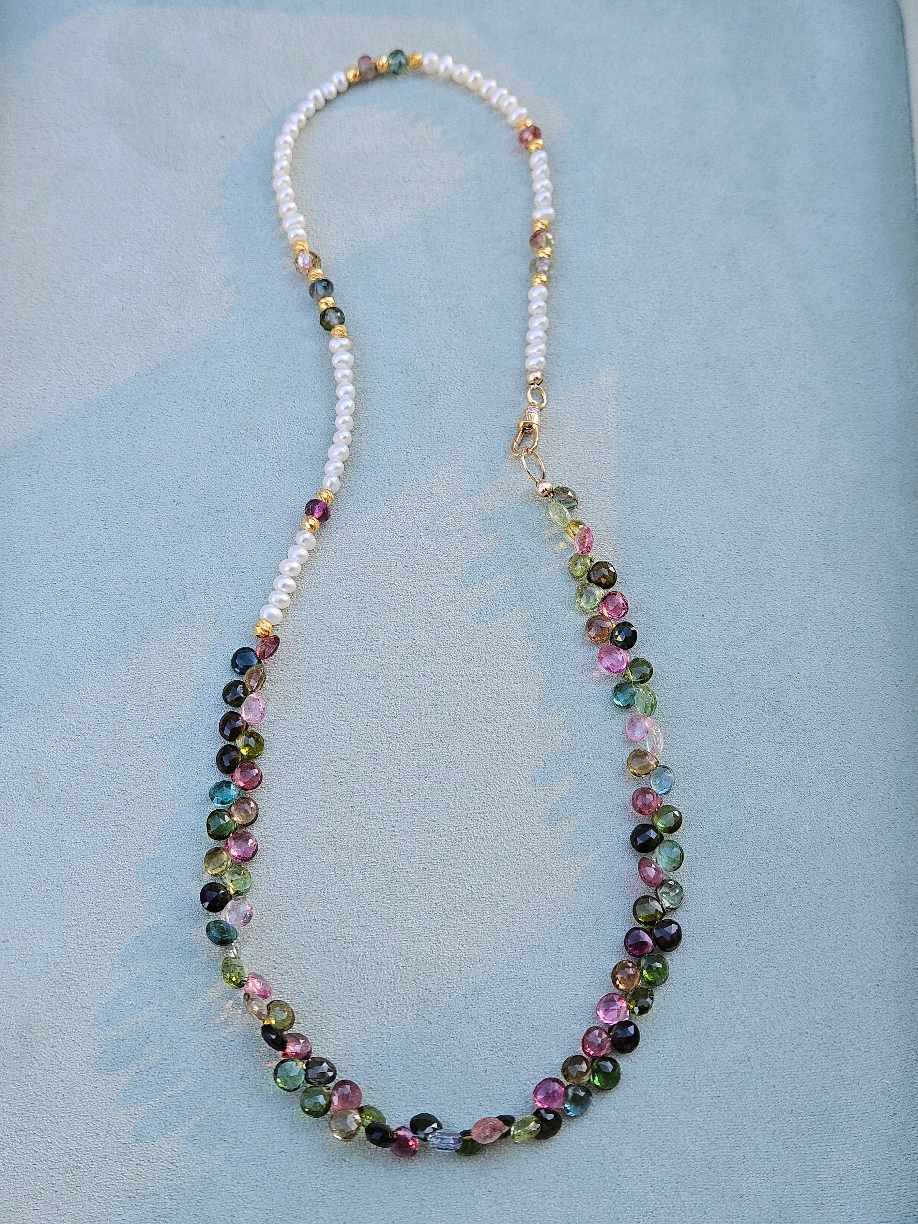 Multicolor Tourmaline Gemstone Briolette Freshwater Pearl Rainbow Moonstone 18K Yellow Gold Halfsie Necklace