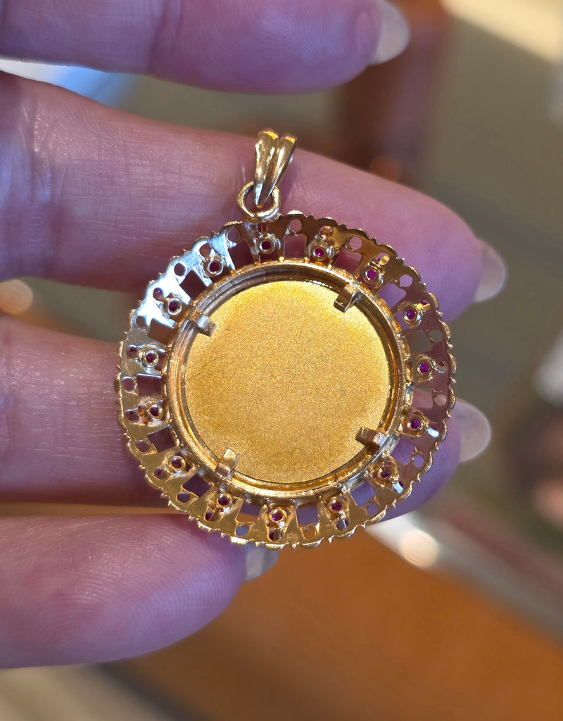 18k Solid Gold Signed Authentic Augis Love Medal Pendant Grande Model with Ruby | Indulgems
