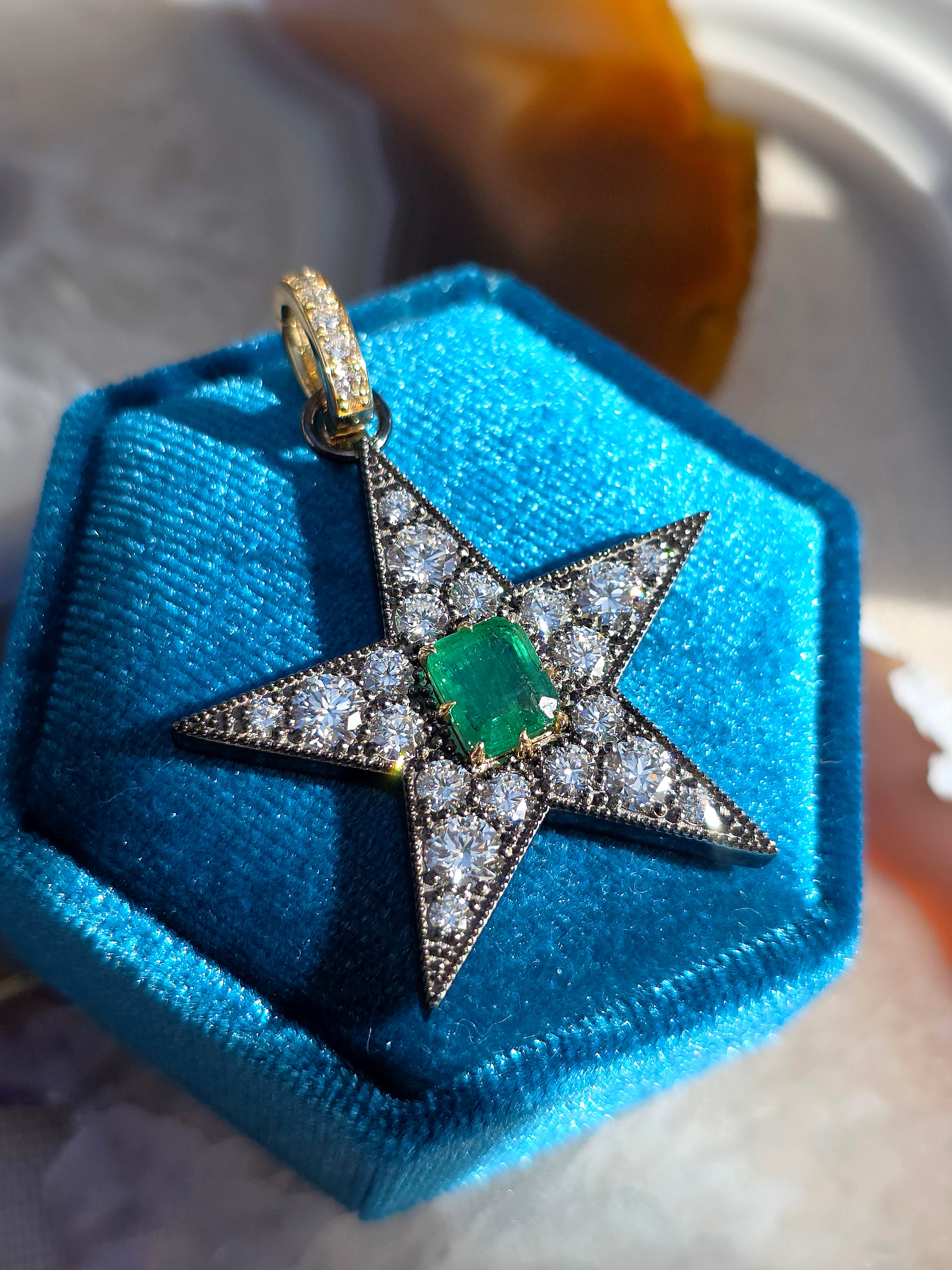 14k Yellow Gold & Platinum XL Star Pendant with Zambian Emerald | Indulgems