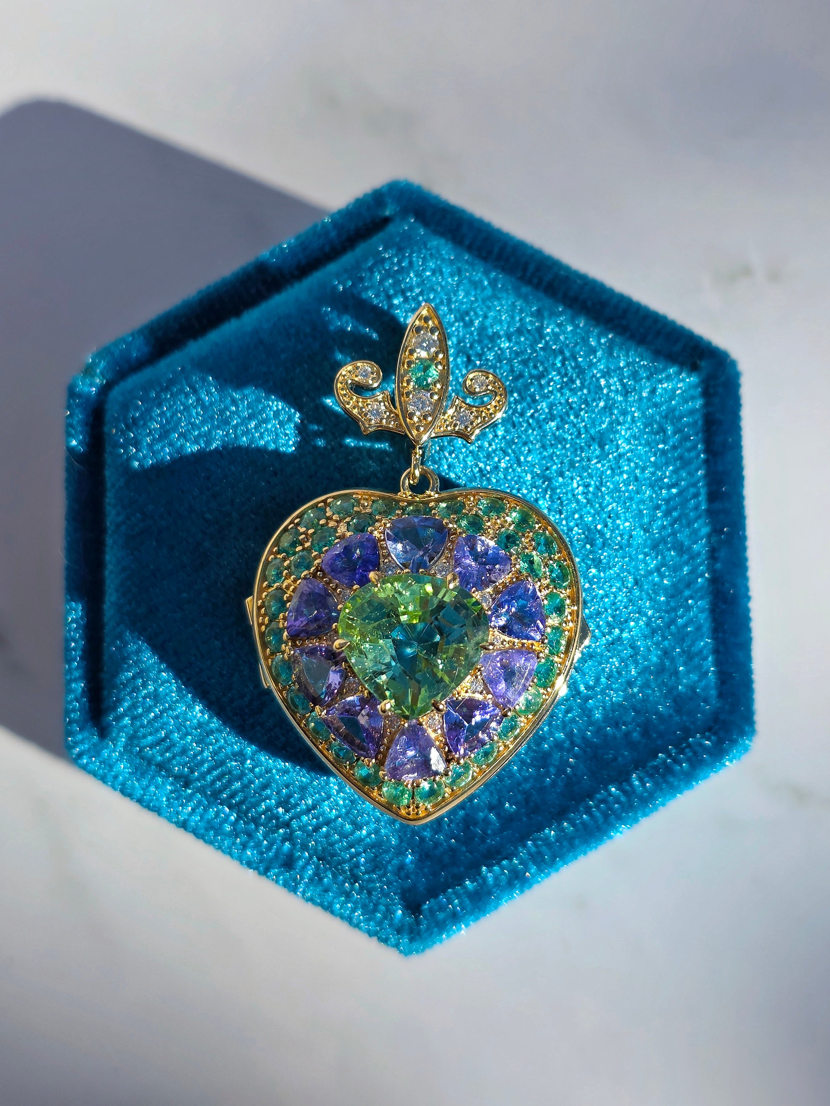 14k Yellow Gold Heart Locket Pendant with Mint Tourmaline, Tanzanite, Emerald, Diamond | Indulgems