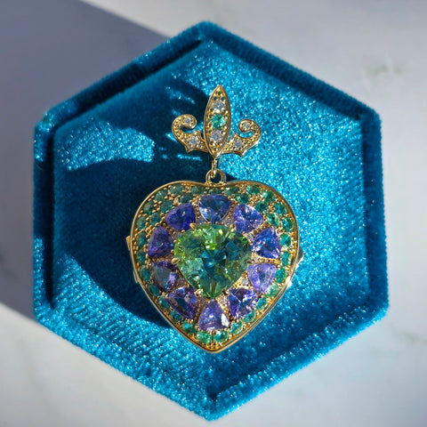 14k Yellow Gold Heart Locket Pendant with Mint Tourmaline, Tanzanite, Emerald, Diamond | Indulgems