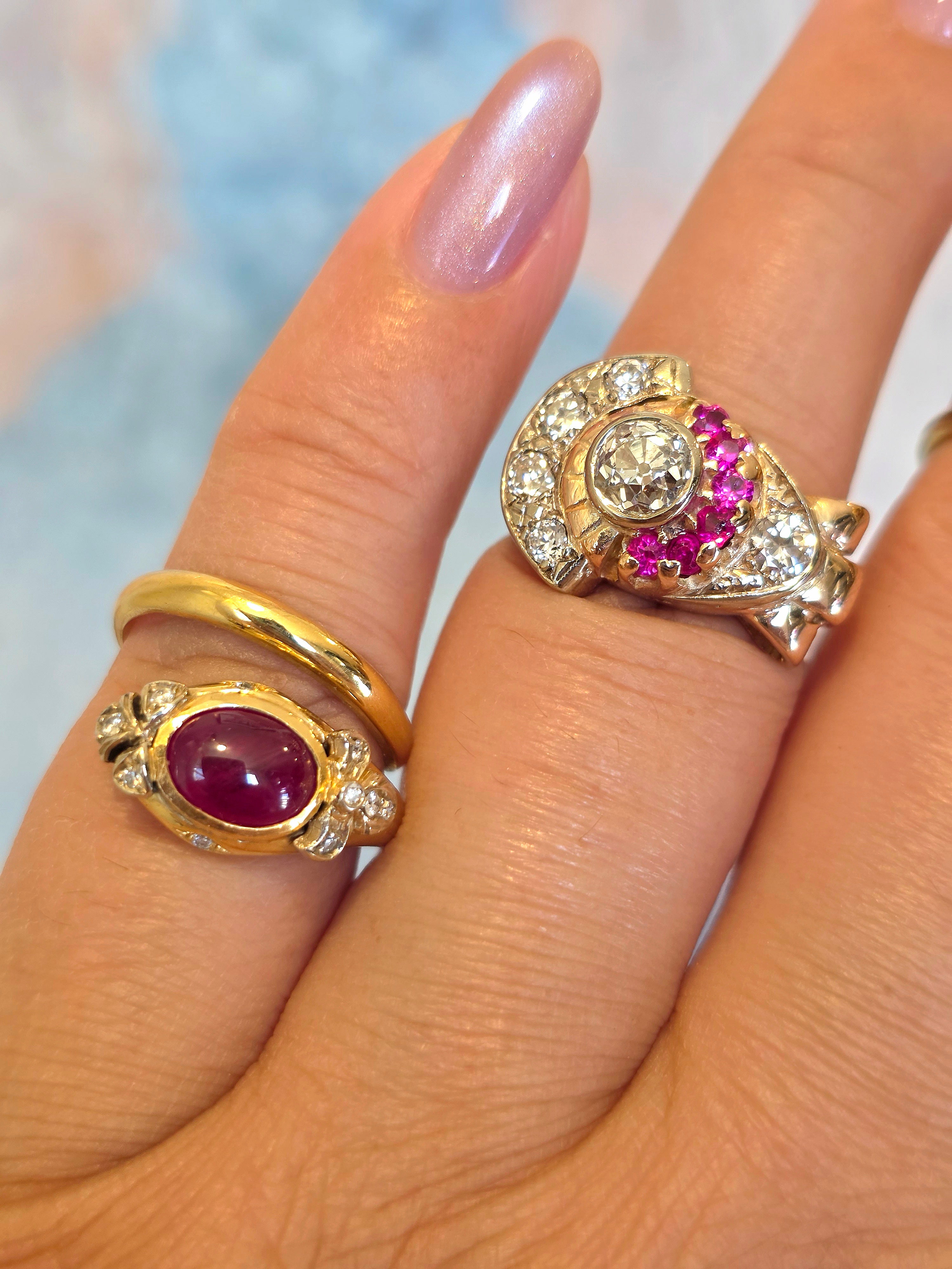14k Yellow Gold Old Cut Diamond Ruby Tank Ring | Indulgems | Vintage