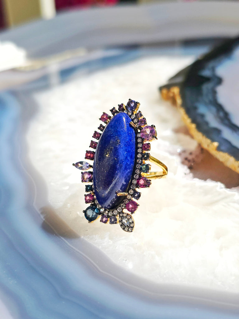 Vermeil in Sterling Silver & 18k Gold Lapis Lazuli, Blue Topaz, Tanzanite, Rhodolite Garnet & Diamond Statement Cocktail Ring size 8