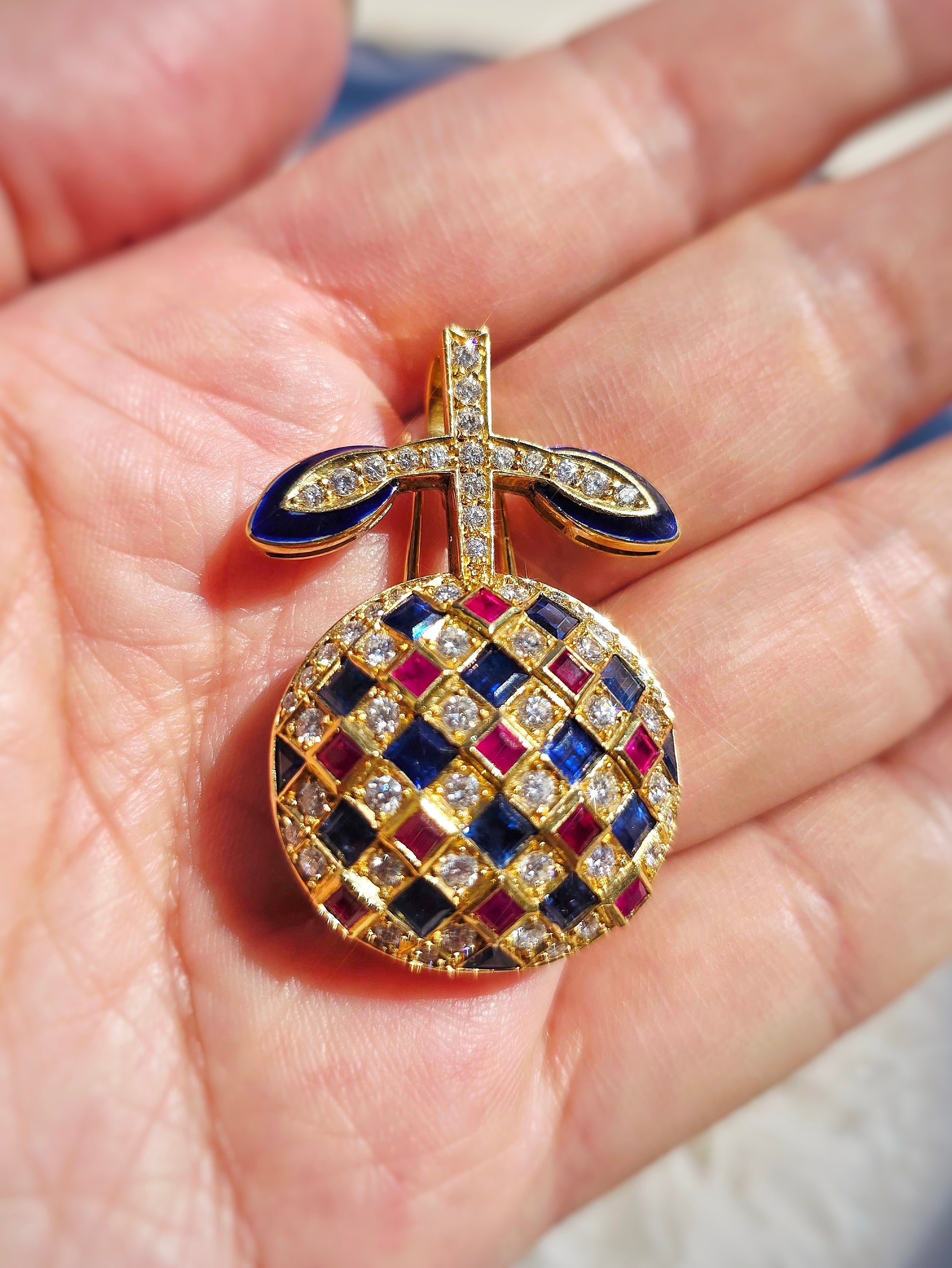18k Solid Gold Vintage Diamond Ruby Sapphire Fruit Brooch Pendant | Indulgems | Apple Cherry Pomegranate