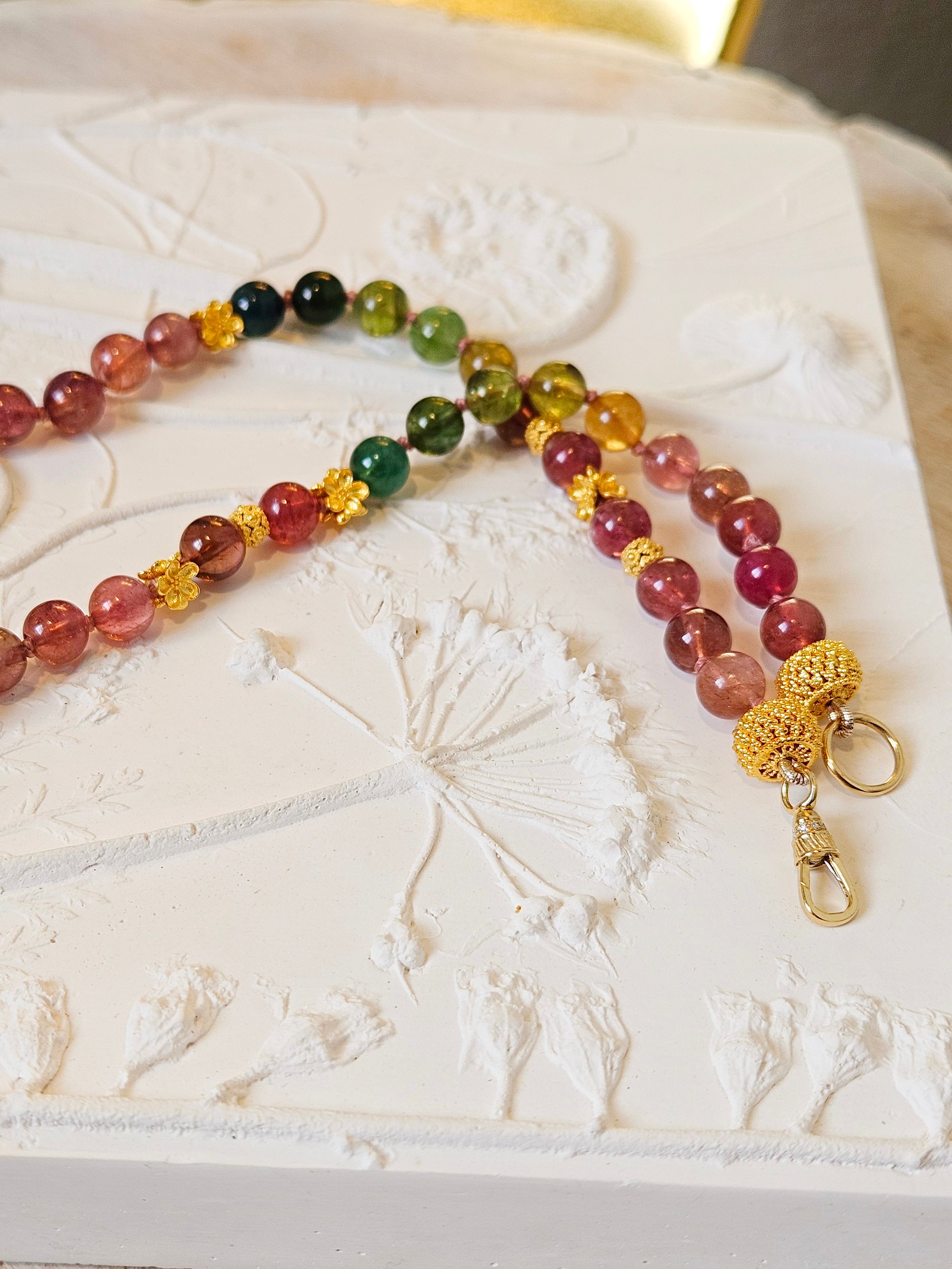 18K Yellow Solid Gold Top Quality Multicolor Tourmaline Necklace with Freshwater Edison Pearl