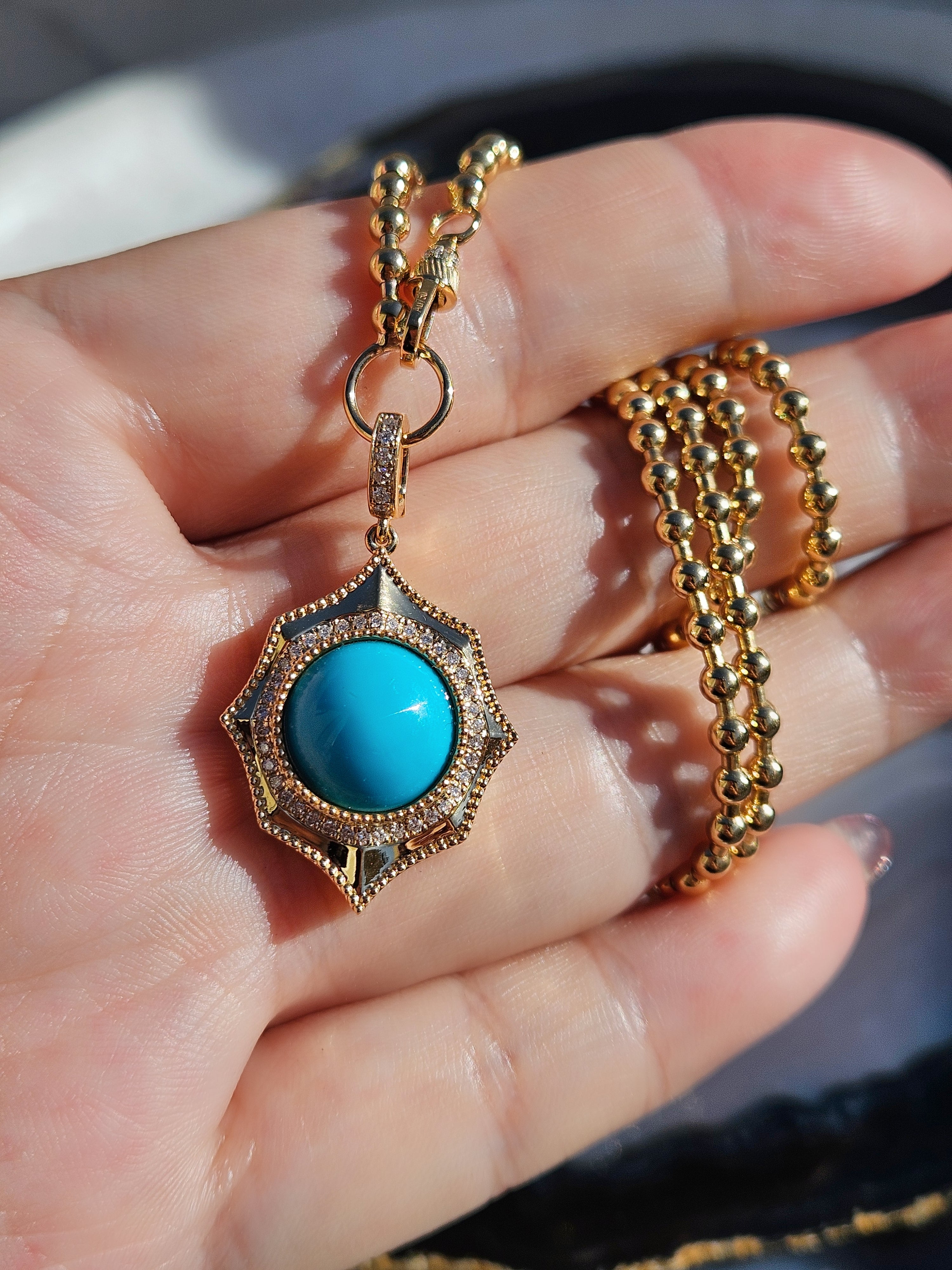 18k Solid Gold Sleeping Beauty Turquoise Gemstone Cabochon Pendant | Indulgems | Designs in Real Gold