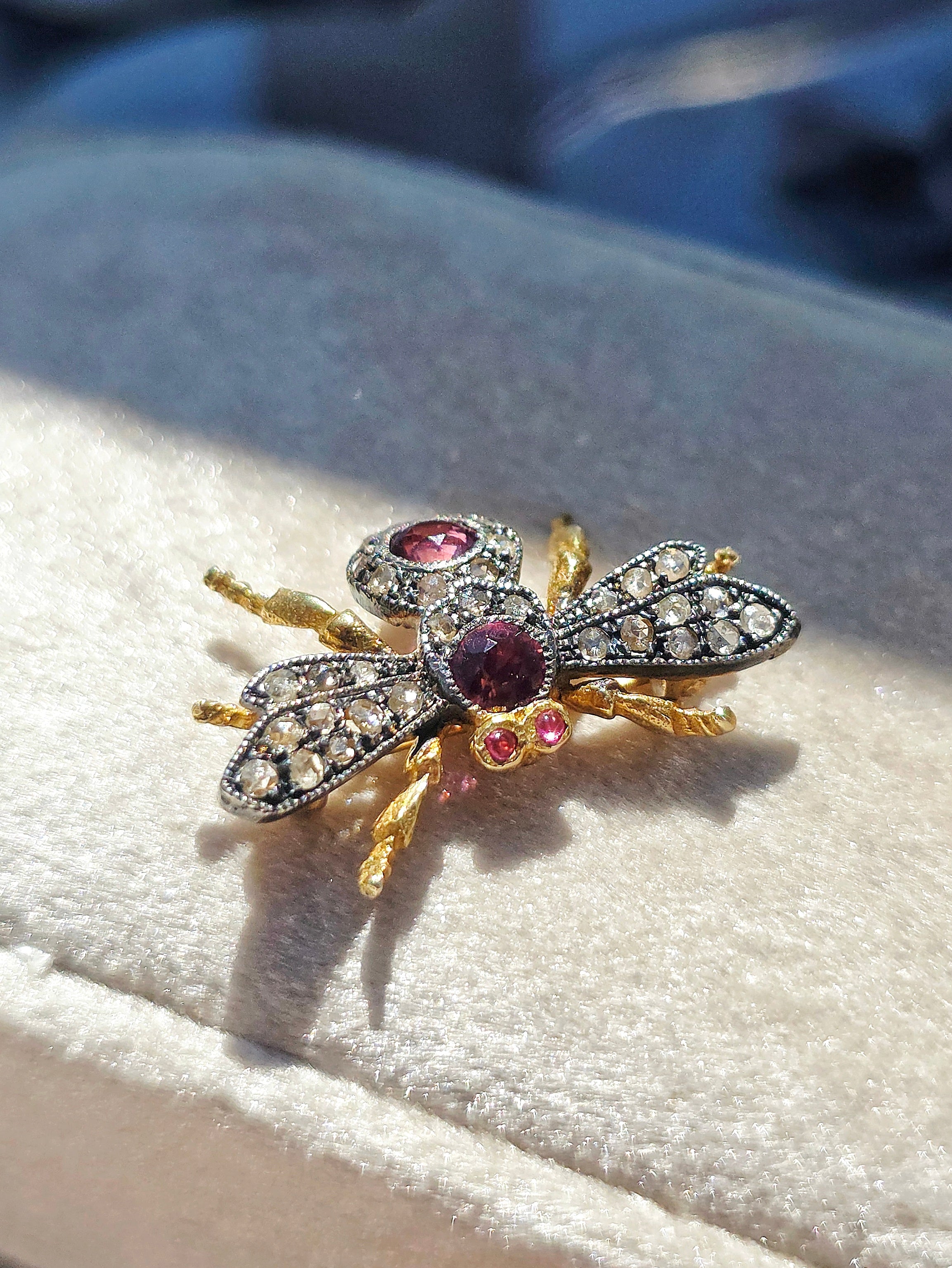 Antique 9k Gold & Silver Diamond and Garnet FLY Brooch | Indulgems